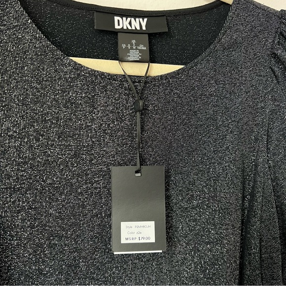 DKNY sparkle puff shoulder top in black. - Picture 3 of 7